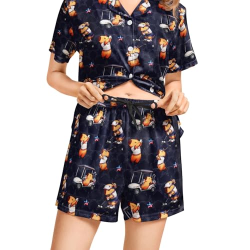 Image of Funny Pajamas for Women Set Print Satin Loungewear Pjs Short Sleeve Button Down Top and Shorts Sets Sleepwear XS-3XL