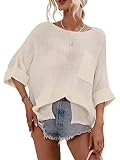 HOULENGS Women's Crewneck Hollow Out Tops Crochet Knit Pullover Sweater Long Sleeve Cover Ups 02Whit