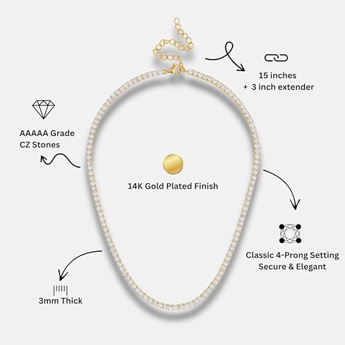 KISPER Tennis Necklace for Women 14K Gold Plated 3mm Cubic Zirconia Diamond Chain Adjustable 15-18" 4-Prong Setting Classic3