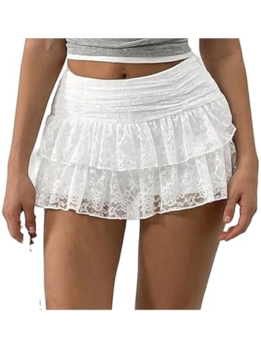 Women Lace Mini Skirt Y2K Flowy Layered Ruffle Short Skirt Underskirt Aesthetic Flowy Fairy Party Skirt