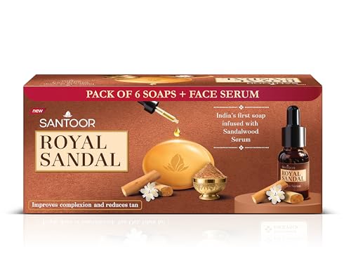 Santoor Royal Sandal Soap & Face Serum | Infused with Sandalwood Serum | Tan Removal | 100% Pure Sandalwood Oil & Powder | Helps Reduce Tan for Even-T