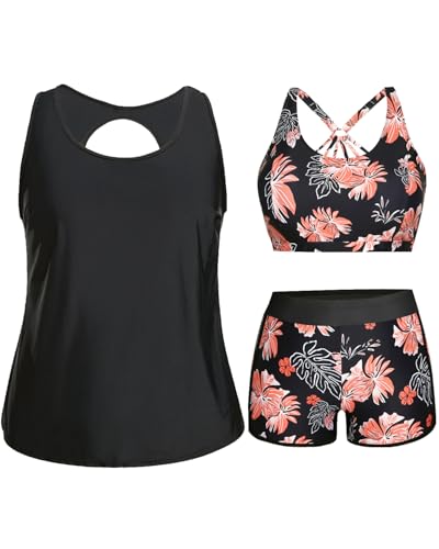 Image of Holipick Women Plus Size Swimsuits - Athletic 3 Piece Tankini with Shorts