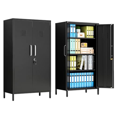 Image of pozdeg 47.24 inch Black Lockable Small Metal Storage Locker | Employees Locker with 2 Doors & 2 Adjustable Shelves, Steel File Cabinet for Employees, Home, School, Office & Gym