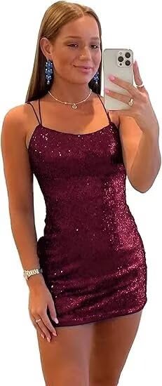 Sequin Short Homecoming Dresses for Teens Spaghetti Straps Glitter Tight Prom Dress