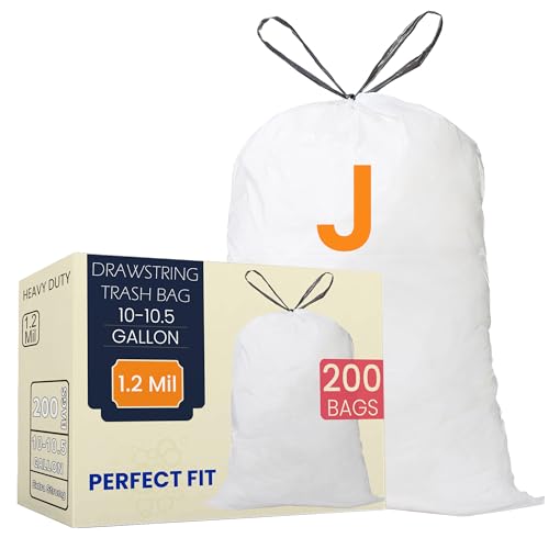 Image of Code J (200 Count) 10-10.5 Gallon Heavy Duty Drawstring Trash Bags Compatible with simplehuman Code J Garbage Can Liners 38-40 Liter | 1.2 Mil | White