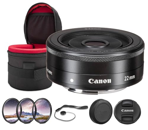Canon EF-M 22mm f/2 STM Lens Bundle | Compact Wide-Angle Prime with Fast f/2 Aperture, Smooth STM Autofocus & Lightweight Pancake Design | for Travel & Street Photos (5985B002) + Filter Kit + More