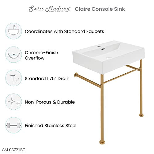 Claire 24 Ceramic Console Sink White Basin Brushed Gold Legs #TOP1