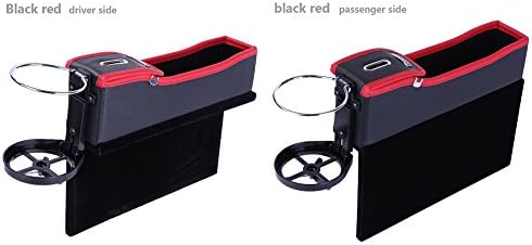 Onewell Multi-fuctional Car Seat Leather Storage Box, Console Side Pocket, Gap Catcher with Coin Organizer and Cup Holder (Set of 2, Black and Red)