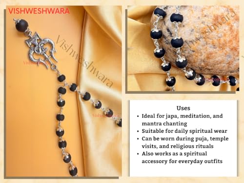 Image of Govt. Lab Certified Karungali Om Shiv Triushul Malai Original | 100% Natural Ebony Wood (54+1) Beads Mala 8mm in German Silver Cap | for Men & Women
