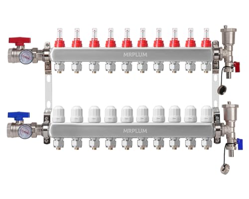10-Branch Radiant Heat Manifold,Stainless Steel PEX Manifold with Compatible Outlets for Hydronic Radiant Floor Heating (1/2" Adapters included)