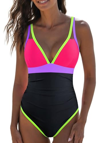 popvil Women's One Piece Neon Color Block 2025 Swimsuits Tummy Control Swimwear Deep V Neck Slimming Bathing Suit