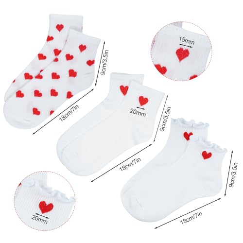 Image of phnydreg 6 Pairs Heart Pattern Ankle Socks Red Heart Ruffle Quarter Socks for Women Girls