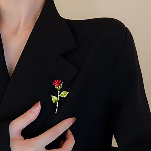 Image of Anmpab Rhinestone Rose Flower Brooch Pin for Women Red Green Crystal Big Leaf Brooch Lapel Pins Elegant Dress Accessories Jewelry Boutonniere Corsage for Hat Bag Suit Tie Valentine Wedding Mother Day