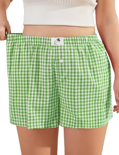 Image of COOTRY Plus Size Women Boxer Shorts Cotton Plaid Gingham Shorts Casual Pajama Sleep Shorts Y2K Beach Bottoms