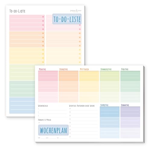 paper&you 2er-Set: A5 To-do-Listen Block & Wochenplaner Rainbow 2 x 50 Blatt Platz für Notizen auf Vorder- und Rückseite - nachhaltig & klimafreundlich