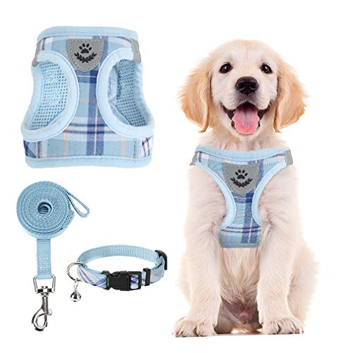 PUPTECK Adjustable Pet Harness Collar and Leash Set for Small Dogs Puppy and Cats Outdoor Training and Running with Classic Beige Plaid Pattern