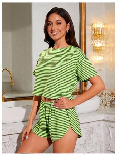 Image of OYOANGLE Womens Pajama Sets 2 Piece Sexy Lounge Sets Summer Cute Pjs Striped Print Tee and Side Split Shorts Set