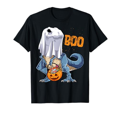 Ghost Dinosaur T rex Funny Boo Halloween Boys Men Pumpkin T-Shirt