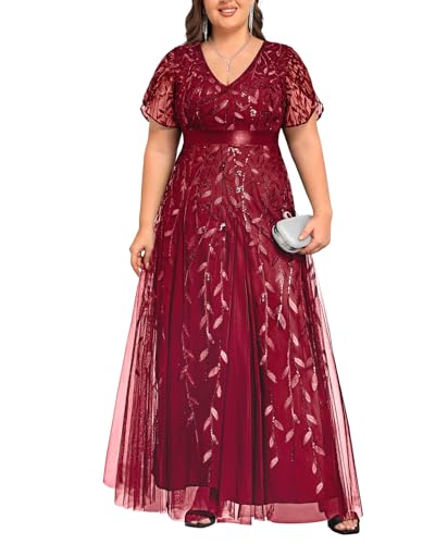 Image of Pinup Fashion Plus Size Formal Dresses - Evening Gowns Wedding Sequin Embroidery V-Neck Prom Long Dress