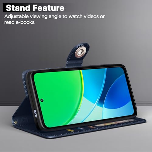 Image of Pikkme Flip Cover Leather Finish | Inside TPU with Card Pockets | Wallet Stand and Shock Proof | Complete Protection Button Flip Case for Vivo Y19s(Blue)