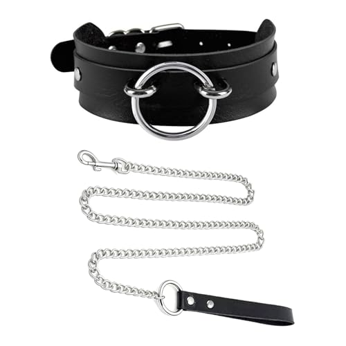 Tosmifairy Black Wide Soft Faux Leather Collar Choker and Chain Set,Adjustable Thick PU Necklace for Cosplay, Big Ring Charm Chocker