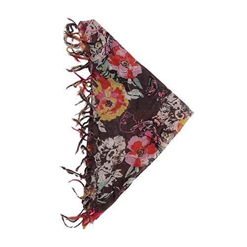 Lenço Triagular Floral Preto e Rosa c/Franja Algodão 130x80x80 cm