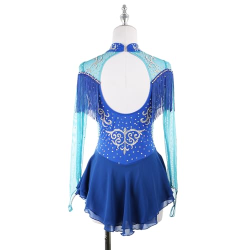 DIJITOO Vestido de patinação artística, temperamento borla strass costas nuas, fantasia de competiçã