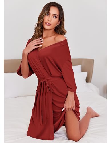 Image of Ekouaer Short Robes for Women Lightweight Kimono Robes Knit Bathrobe Soft Sleepwear with Pockets S-XXL