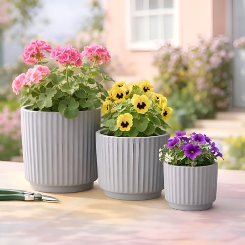 Image of Xtore Contemporary Ceramic Ribbed Planter Set | Minimal Vertical Groove Plant Pots for Home, Office & Living Room Decor - (Set of 3, Grey, Planter ONLY)