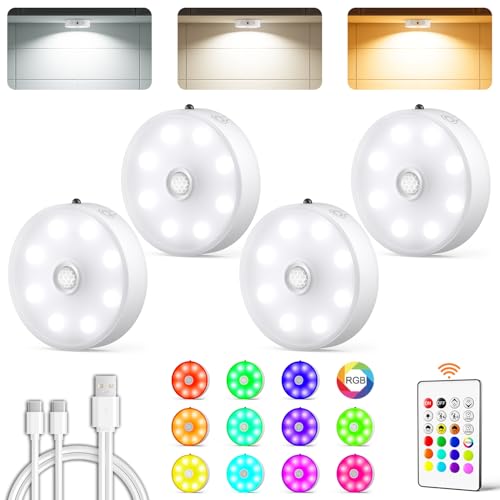 Under Cabinet Lighting,Rechargeable Motion Sensor Puck Lights with Remote 1500mAh Battery,3 Color Temps,12 RGB Color LED Night Light Wireless, Dimmable Under Counter Lights for Closet,Bedroom,Kitchen