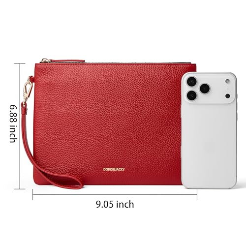 Image of DORIS&JACKY Women Leather Clutch Purse and Phone Wallet with Wristlet Strap | Soft Designer Evening Party Bag, Thin Slim RFID Blocking Cellphone Pouch Case, Formal Casual Handheld Premium Little Purse