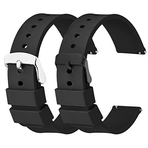 cobee 2 Pcs Silicone Watch Bands, Quick-Release Waterproof Soft Watch Straps with Black or Silver Stainless Steel Buckle Compatible with Smart Watch Sport Watch Wrist Straps for Men Women