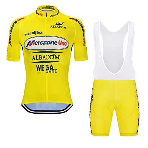 SGCIKER Marco Pantani Pro Team Retro Mercatone Uno giallo maglia da ciclismo set for uomini, manica corta abbigliamento ciclismo bici pantaloncini con bretelle set gel pad (M)