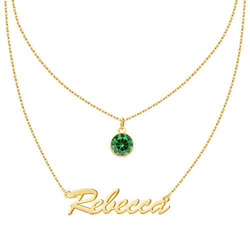 Hybedora Layered Name Necklace Personalized, 18K Gold Plated Custom Double Chain Choker Necklace Pendant Jewelry for Women