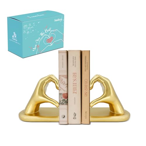 SMIKCP Book Ends Heart Design for Mom Non-Skid Bookend Gold Bookends for Shelves Heavy Duty Resin Book Stopper for Living Room Merch Apartment Bookshelf Birthday Women 10.22 x 3.93 x 5.11