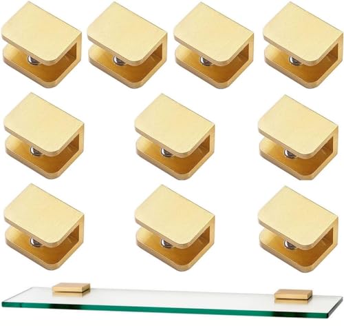 Pack of 10 LukLoy Glass Clamp for 10-12mm Glass, No-drill-in-glass Glass Holder Bracket Gold Glass Clip Clamp Support (Gold, 10)