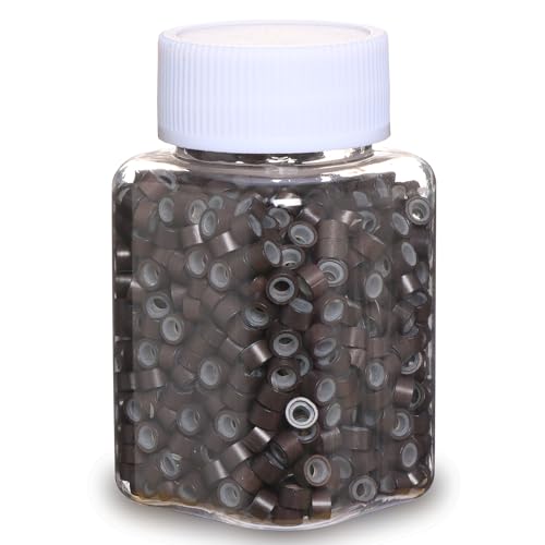 GOTDYA 1000pcs 5mm Dark Brown Extension Beads,Silicone Lined Micro Rings,MicroLink I Tip Weft Beads for Hair Tinsel and Feathers Extensions