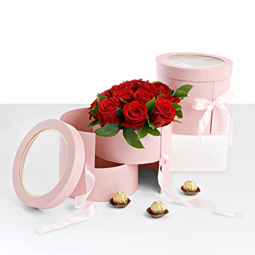 UNIKPACKAGING Premium Quality Round Flower Box, 2 TIER Gift Box with Lid, Size 7.8 dia. x 7 inch for Luxury Style Flower Arrangements (Pink) - Image 3