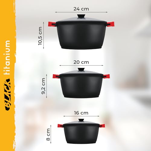 briebe Black Titanium Cookware Set of 6 Non-Stick Titanium Cookware Set of 3 Cast Aluminium Pots Without PFOA, Set of Pots and Lids Glass, Removable Silicone Handles, Ceramic Hob, Gas, Oven - Image 3
