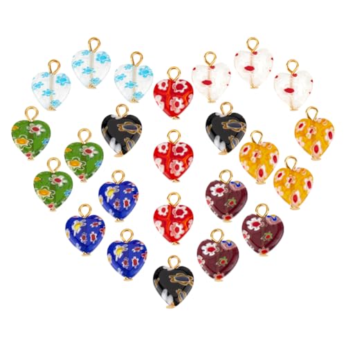PH PandaHall 24 colgantes de cristal Millefiori Lampwork de 8 colores, colgantes de corazón, coloridos y sueltos, con lazo de hierro para joyas, pulseras, collares, gargantillas, manualidades
