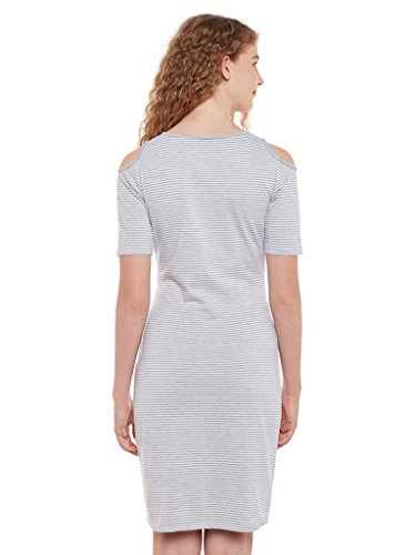 Image of Miss Chase Women's Grey and White Round Neck Half Sleeves Striped Mini Bodycon Dress