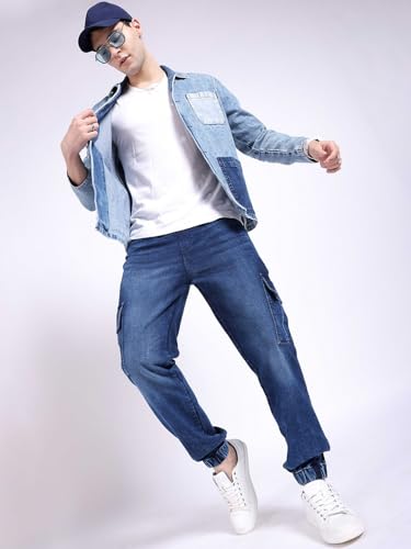 Image of The Indian Garage Co Men Regular Fit Solid Mid-Rise Stretchable Denim Cargo Joggers