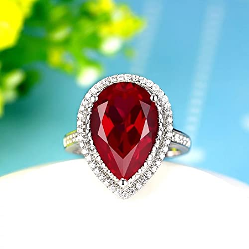ASFKIPMF Halo Teardrop Pear Shape Simulated Cubic Zirconia Bridal Ring Ruby Garnet Ring 925 Sterling Silver AAA Zircon Red Gem pear Shaped Rhodium Plated Promise Ring for Her Valentine's Day Size 83