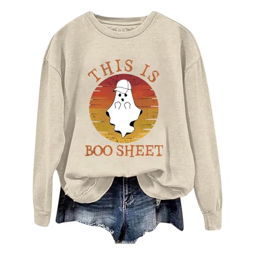Sudadera de Halloween para mujer, sudadera con capucha de Alien para mujer, manga larga, cuello redondo, sudadera casual para mujer, beige, L
