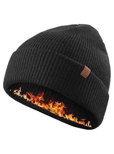 TRENDOUX Mütze Damen Herren Beanie, Thermo Merino Mütze Gefütterte, Doppellagige Haube für Winterliche Wärme, Elastische Hat mit Hautfreundlichem Stoff, Joggen Radfahren, Schwarz