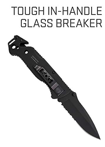 Sog Escape Tactical Folding Knife- 3.4 Inch Serrated Edge Blade Emergency Pocket Knife With Glass Breaker, Wire Stripper And Line Cutter Blades-Black (Ff25-Cp) #TOP3