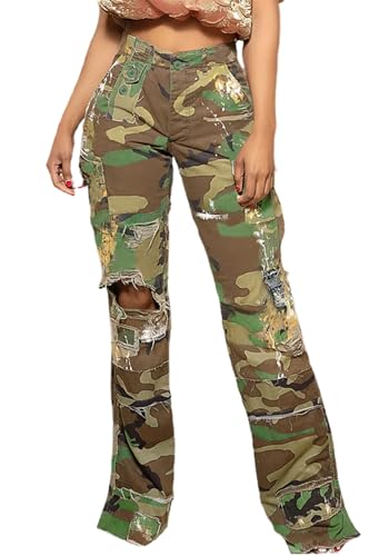 Vaceky Womens Camouflage Painted Distressed Ripped Straight Leg Cargo Pants
