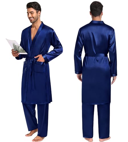 Image of SWOMOG Mens 3 PCS Satin Robe with Pants & Shorts Set Kimono Bathrobe Long Sleeve Sleepwear Pjs Sets with Pockets