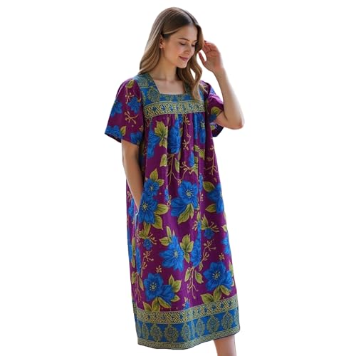 Women's Short Sleeve Purple/Blue Floral Lounger House Dress - Square Neck, Contrast Yoke and Hem with Pockets