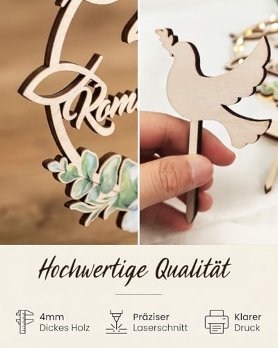 Tortendeko Konfirmation, 3 Stück Kuchen Deko Konfirmation Deko Cake Topper Holz mit LED Lichterkette, Eukalyptus Tortendekoration Junge Mädchen